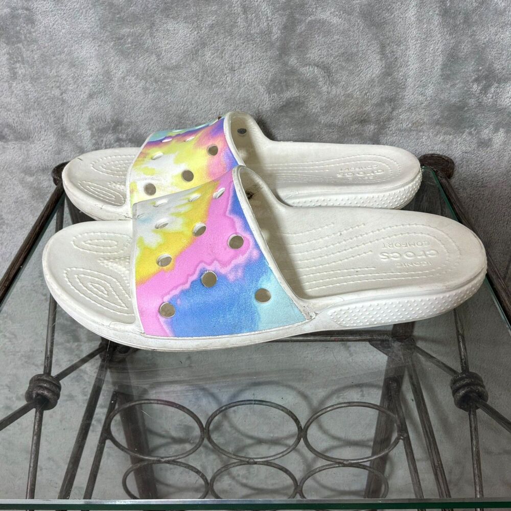 Crocs Tie Dye/White Sandals Iconic Comfort Unisex Size M 7/W 9 Pastel